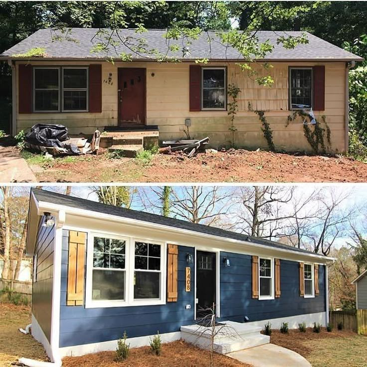 before and after pictures of a small house in the yard with siding on the windows