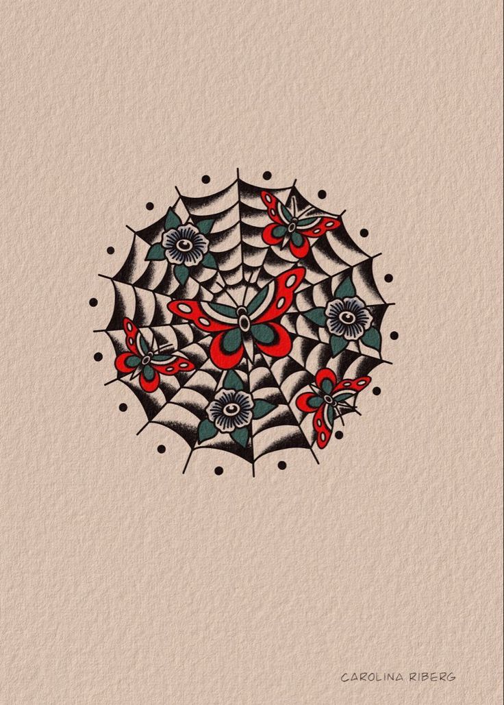 a drawing of a spider web with red and blue flowers on it's side