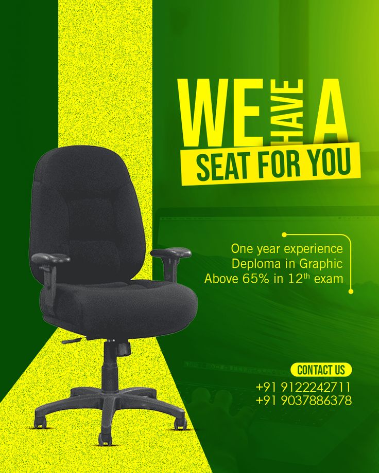 a black office chair sitting in front of a green and yellow background with the words we have a seat for you