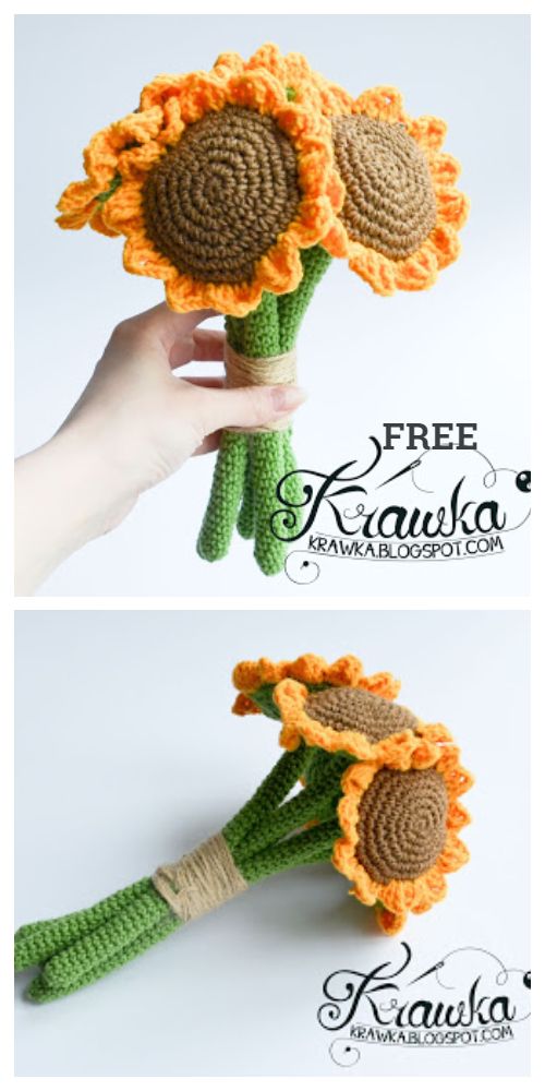 crocheted sunflowers are being held up by someone's hand with the same