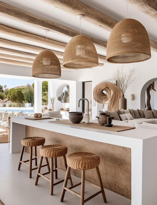 a kitchen with stools and hanging lights above the island counter in front of an outdoor swimming pool