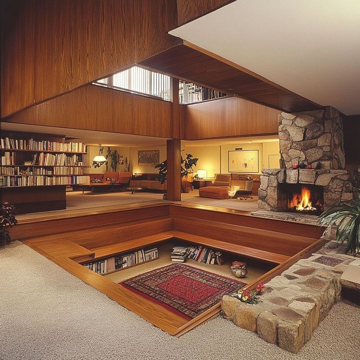 Conversation Pit Mid Century, Mid Century House Aesthetic, Mid Century Conversation Pit, Mcm Sunken Living Room, Mid Century Sunken Living Room, Under The Roof Room, Mid Century Modern Sunken Living Room, Mid Century Palm Springs Interior, Mid Century Modern Conversation Pit