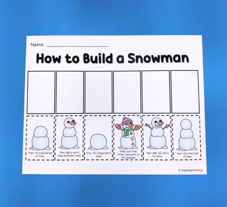 how to build a snowman printable activity for kids and toddlers on a blue background