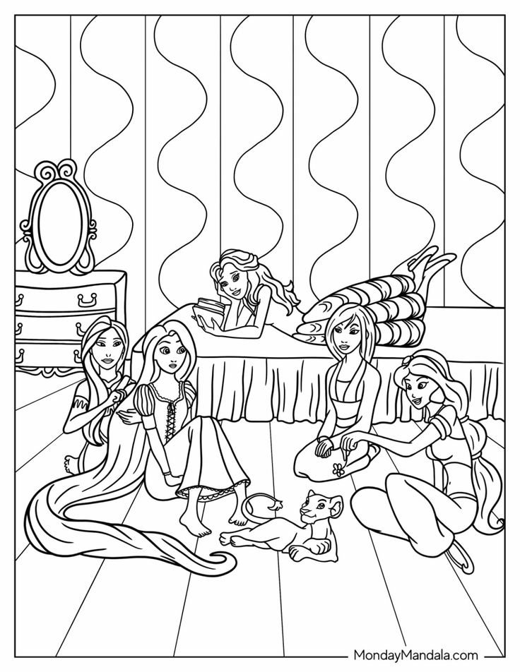 the princess and her friends are having tea together in their room coloring page for kids