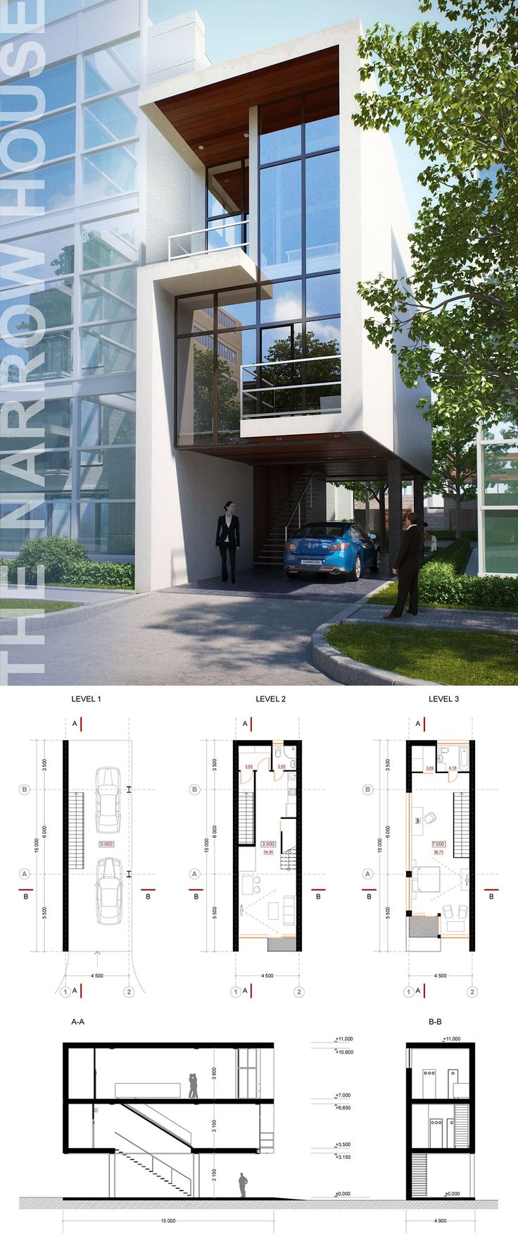 two story house plans with garage and living room in the middle, one bedroom on each floor