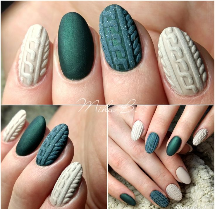 Knitted nails, matte nails,  green , nude , glittery, sand effect Green Sweater Nail Designs, Christmas Nails Knitted, Matte Green Nails Christmas, Knitting Nail Art, Dark Green Sweater Nails, Sweater Nails Green, Christmas Matte Nails, Nails Efecto Sueter, Matte Nails Green