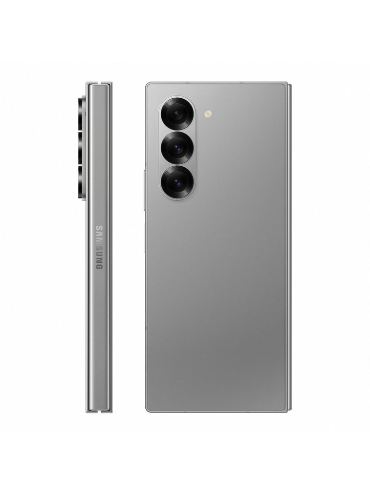 the back and side view of a silver cell phone with two cameras attached to it