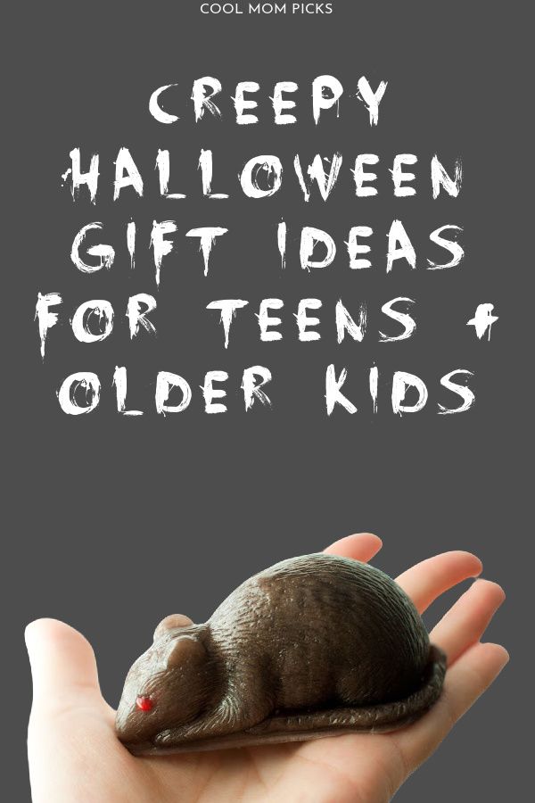 a hand holding a small mouse with the words creepy halloween gift ideas for teens and older kids