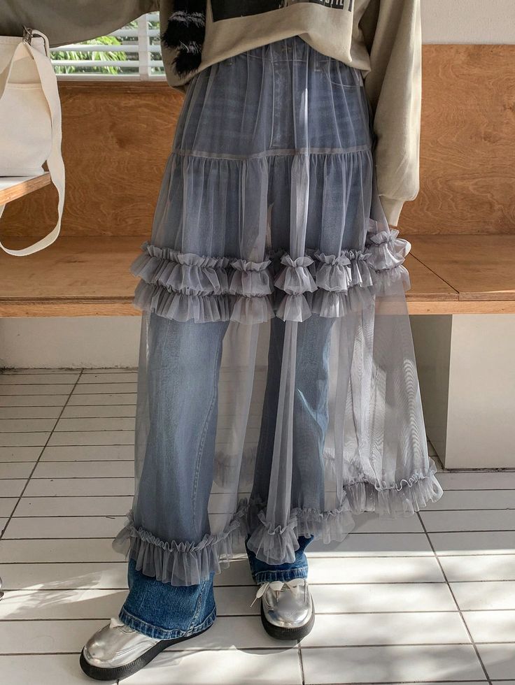 Grey Casual Collar  Mesh Fabric Plain Layered/Tiered Embellished Slight Stretch  Women Clothing Tulle Skirts Outfit, Dress Over Pants, Long Flowy Skirt, Frill Skirt, Textured Skirt, Mode Inspo, Inspired Outfits, Upcycle Clothes, Colorful Fashion