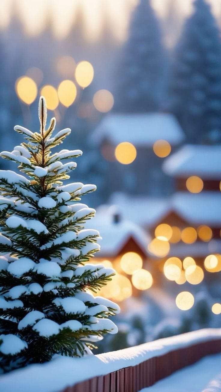 a small pine tree covered in snow next to a fence with lights on the background