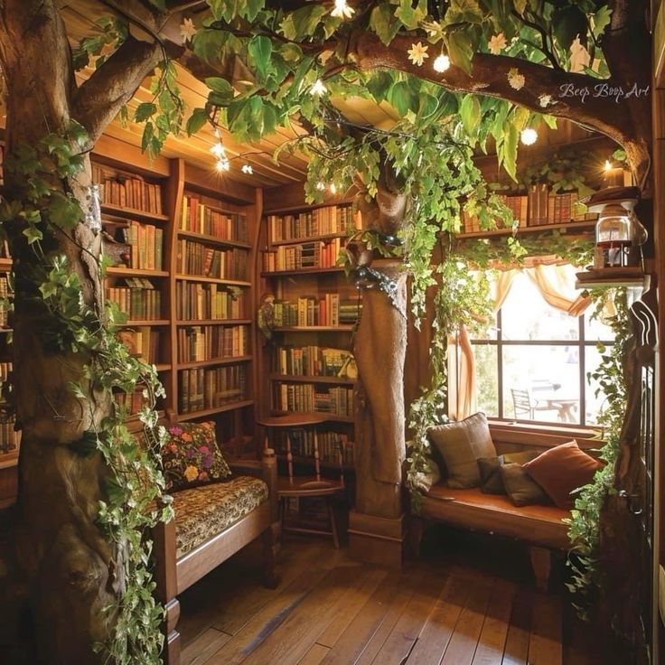 a living room filled with lots of furniture and bookshelves covered in ivys