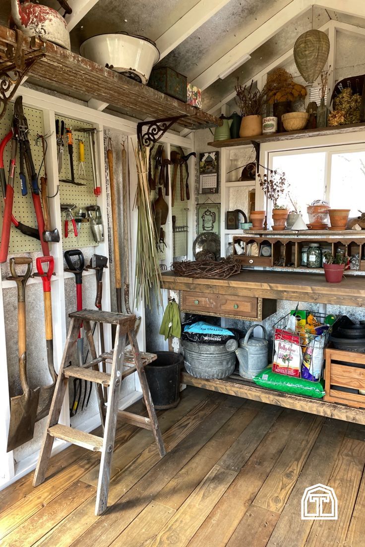 a room filled with lots of different types of gardening tools and pots on top of shelves