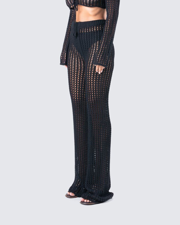 These pants are a need for everyone 💁��🏻‍♀️ Whether it's a night out, a pool party, or dinner with the bae - these black crochet bottoms will have you looking just right. Made from sweater knit crochet fabric, and complete with an elastic waist, and a pull-on style 🖤 Fitted Black Bottoms For Vacation, Black Knit Bottoms For Loungewear, Black Full Length Bottoms For Vacation, Fitted Open Knit Bottoms For Vacation, Black Full-length Beach Pants, Black Full-length Pants For Vacation, Fitted Black Pants For Vacation, Black Fitted Pants For Vacation, Black High-waisted Pants For The Beach