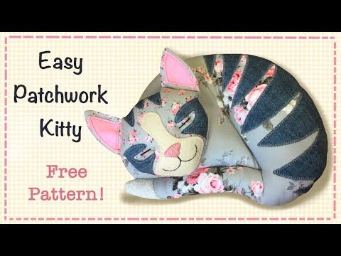 an easy patchwork kitty is featured in this free sewing pattern for the cat pillow