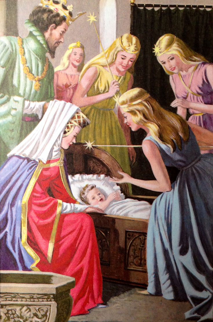 a painting of some people and a baby in a bed with princesses around them