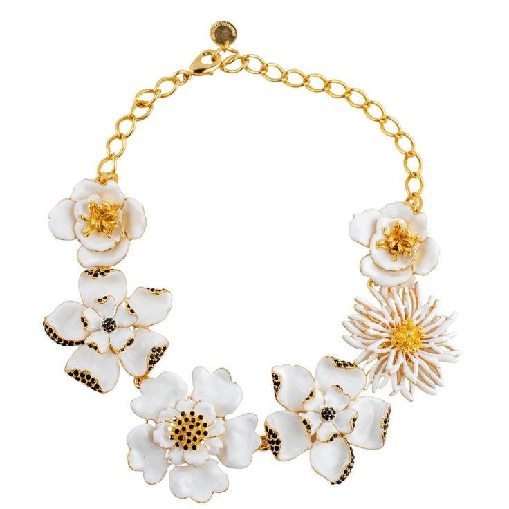 Signed Carolina Herrera White Enamel Flower Statement Necklace Materials: Gold Plated Dimensions: Length x 48cm (19") - from clasp to clasp, Length x 23cm (8.9") - drop from neck Mark: Carolina Herrera Condition: Excellent Carolina Herrera is a Venezuelan fashion designer known for her personal style, and for dressing various First ladies, including Jacqueline Onassis, Laura Bush, Michelle Obama, and Melania Trump. Carolina Herrera Jewelry Accessories, Venezuelan Fashion, Carolina Herrera Jewelry, Jacqueline Onassis, Chanel Flower, Laura Bush, All Things, First Ladies, Flower Statement Necklace