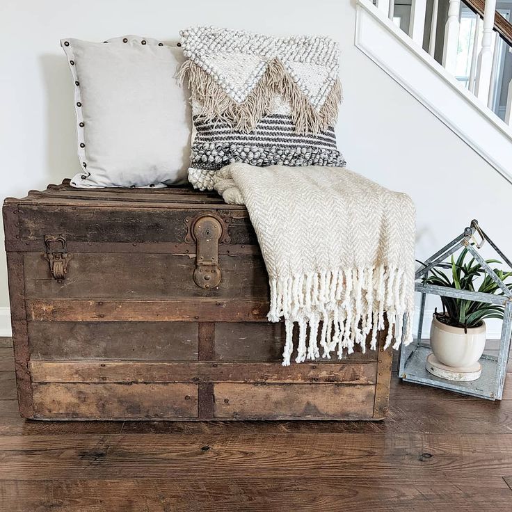 an old trunk with some pillows on top of it and a plant in the corner