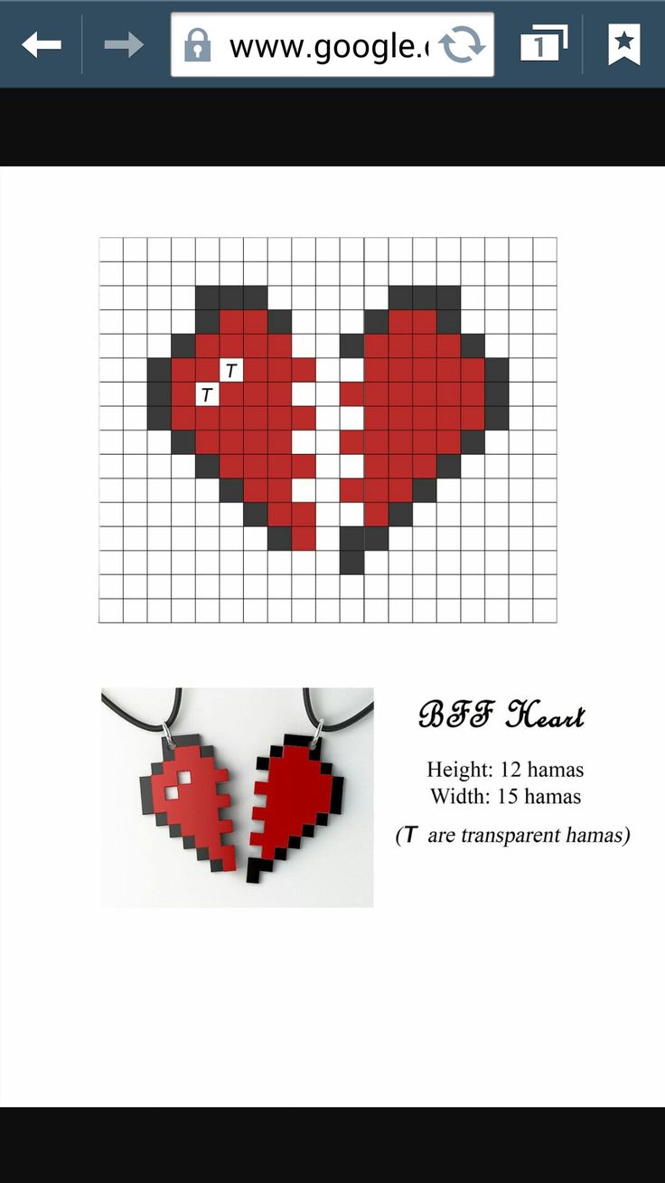 the cross stitch heart necklace pattern is shown in red and black, with two hearts on it