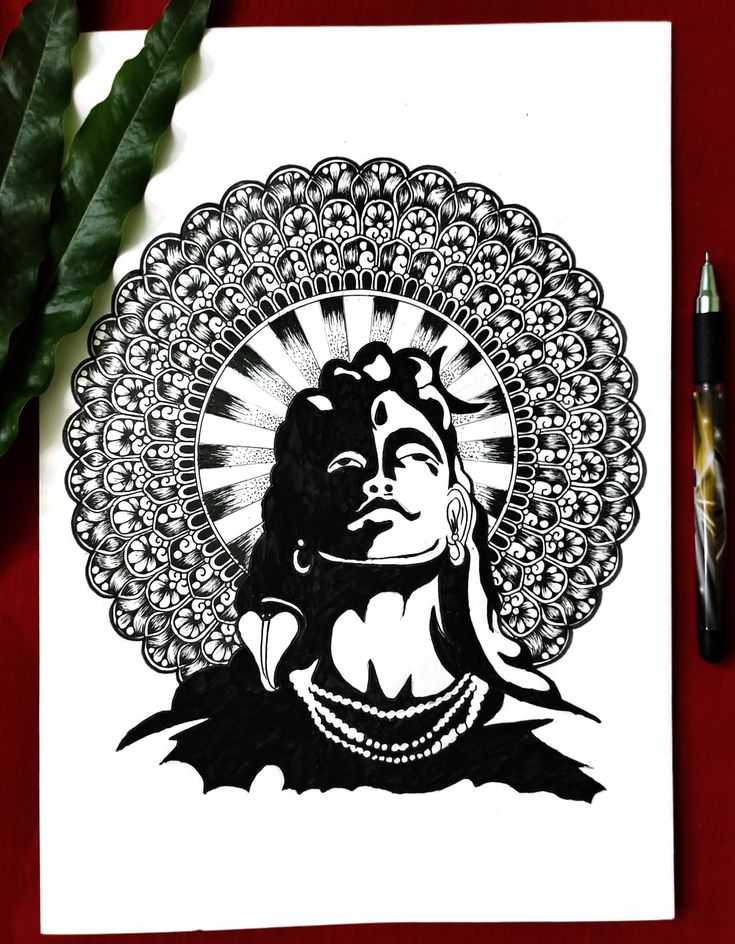 a black and white drawing of a woman's face with an intricate headdress