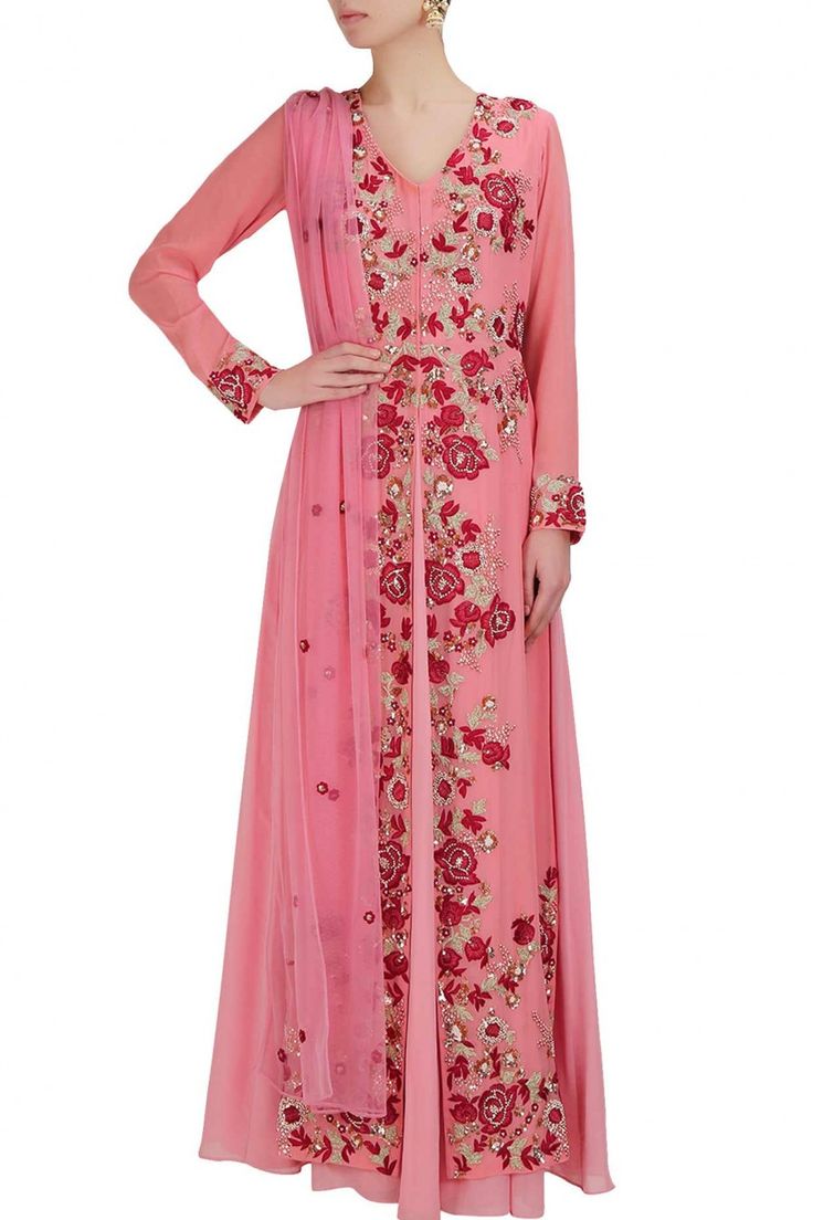 This dark pink kurta is in georgette fabric with resham and tikki floral embroidered. This dark pink kurta comes along with matching pink net dupatta with flora Eid Pink Kurta With Dabka Work, Pink Resham Embroidered Kurta For Wedding, Pink Unstitched Suit With Resham Embroidery And Long Sleeves, Pink Chanderi Dress With Zari Work, Festive Pink Kurta With Mirror Work, Semi-stitched Pink Dress With Floral Embroidery, Semi-stitched Pink Floral Embroidered Dress, Pink Unstitched Long Sleeve Suit With Zari Work, Unstitched Long Sleeve Pink Suit For Wedding