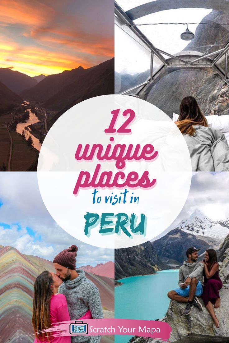 two people sitting on top of a mountain with the words 12 unique places to visit in peru