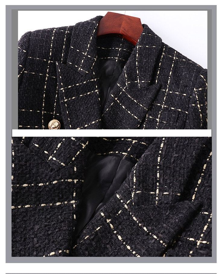 A true English classic. our Harley Tweed Blazer is made of high-quality tweed fabric with a gold plaid pattern. This classic piece is truly versatile and can be worn both during the day with skinny jeans and boots or at night with a dress for a glam look. Per usual orroshop style. the item is decorated with gold buttons. side flap pockets. and peak lapels. Size up if you are between sizes. Luxury Fall Tweed Dress For Office, Luxury Tweed Dress For Fall Office Wear, Luxury Tweed Dress For Office In Fall, Luxury Plaid Tweed Jacket For Office, Luxury Plaid Tweed Office Jacket, Luxury Tweed Dress For Workwear In Fall, Luxury Winter Tweed Dress, Luxury Tweed Dress For Winter, Elegant Winter Business Tweed Dress