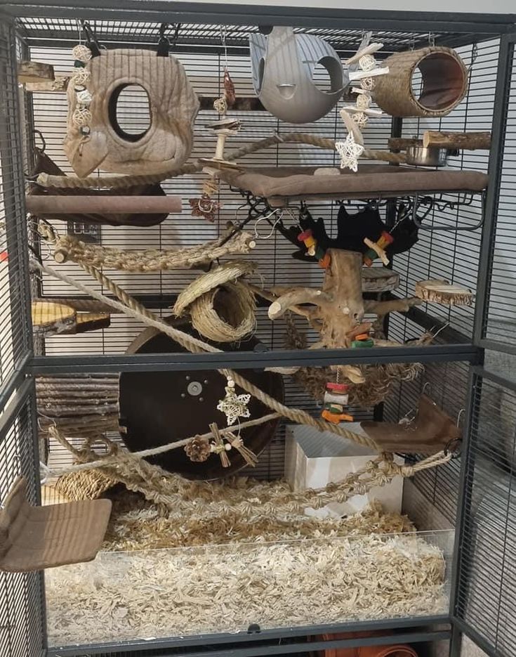 a bird cage filled with lots of birds in it's cages and various items