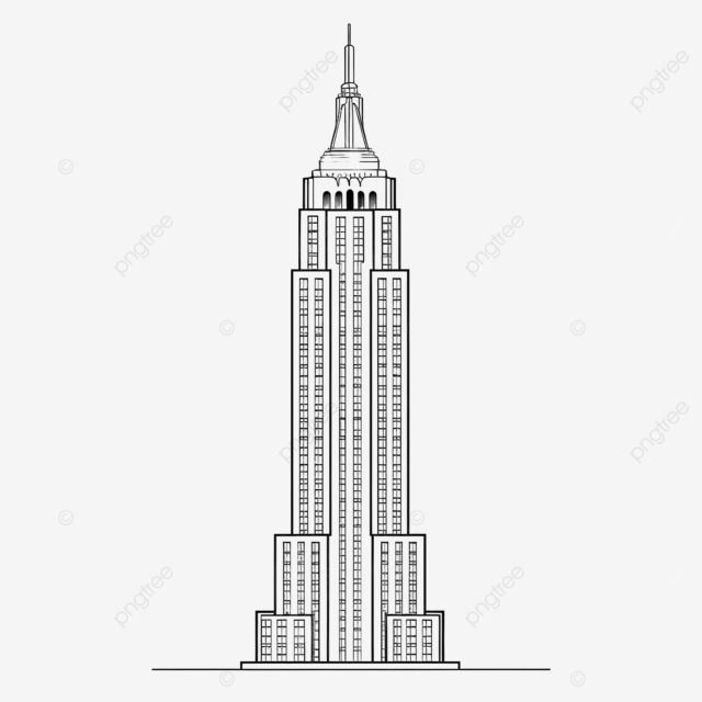 the empire building in new york city, usa is drawn with black and white ink