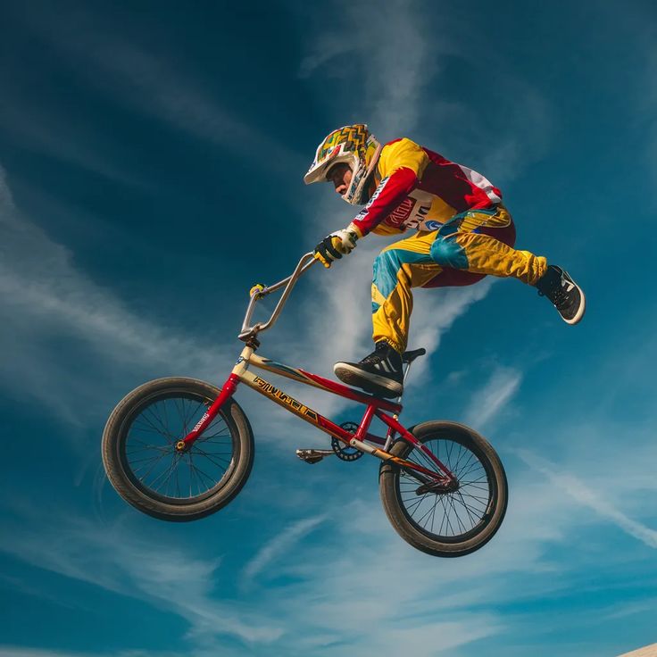 a person on a bike doing tricks in the air with his hands and legs extended