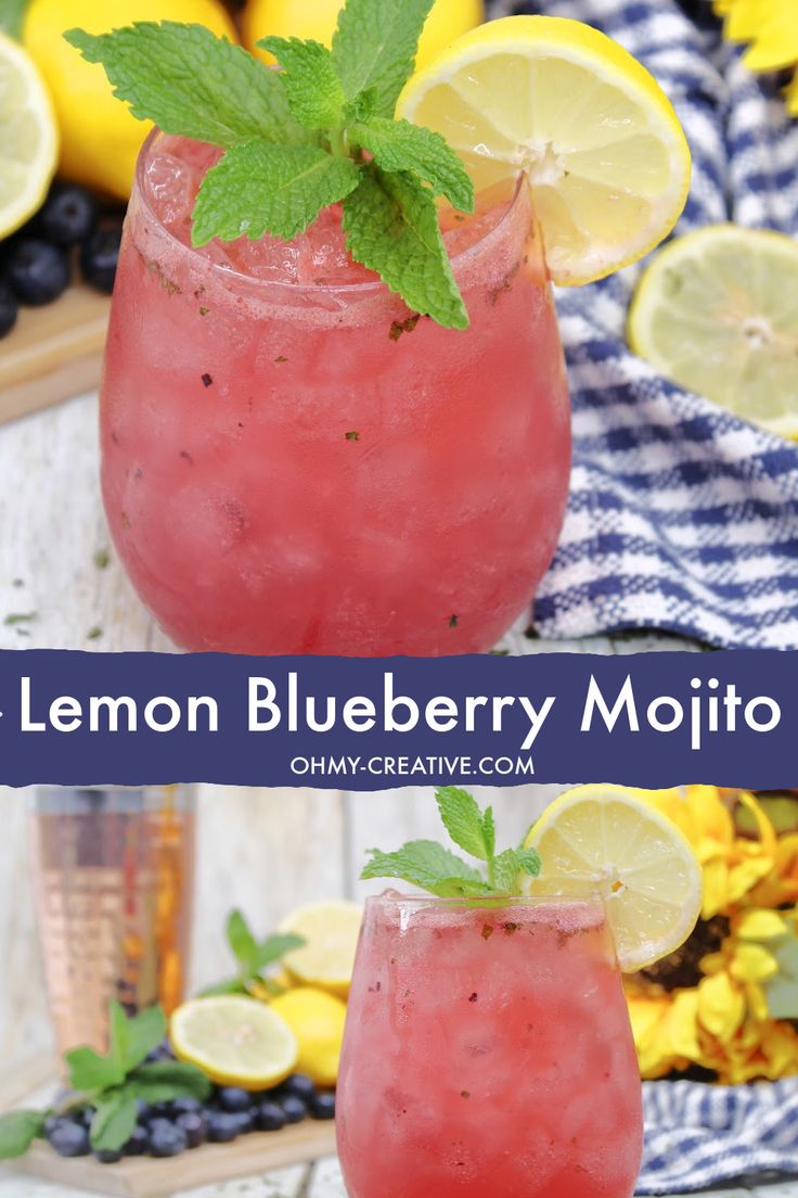 two lemon blueberry mojits with mint garnish on the rim and in front