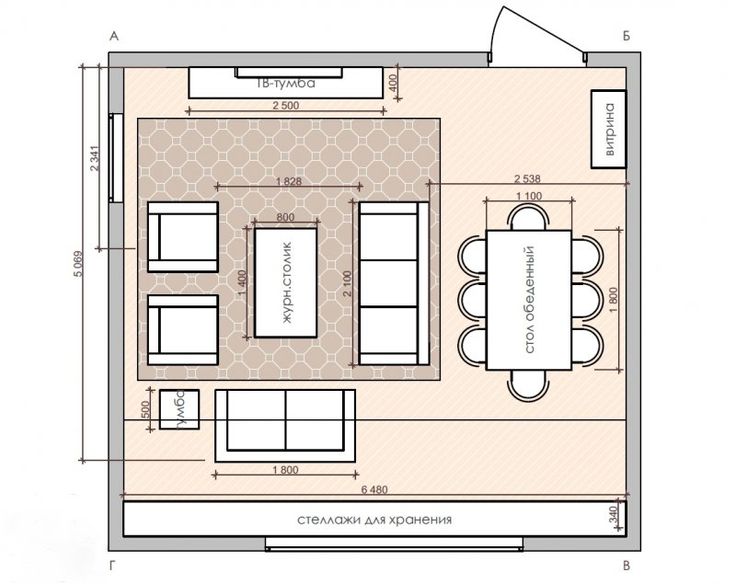 a drawing of a living room with furniture and floor plans on the walls, along with measurements for each part of the room