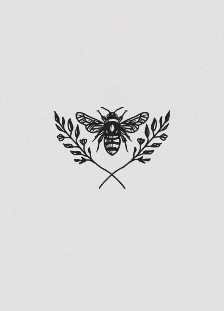 a black and white drawing of a bee on top of a branch with leaves around it