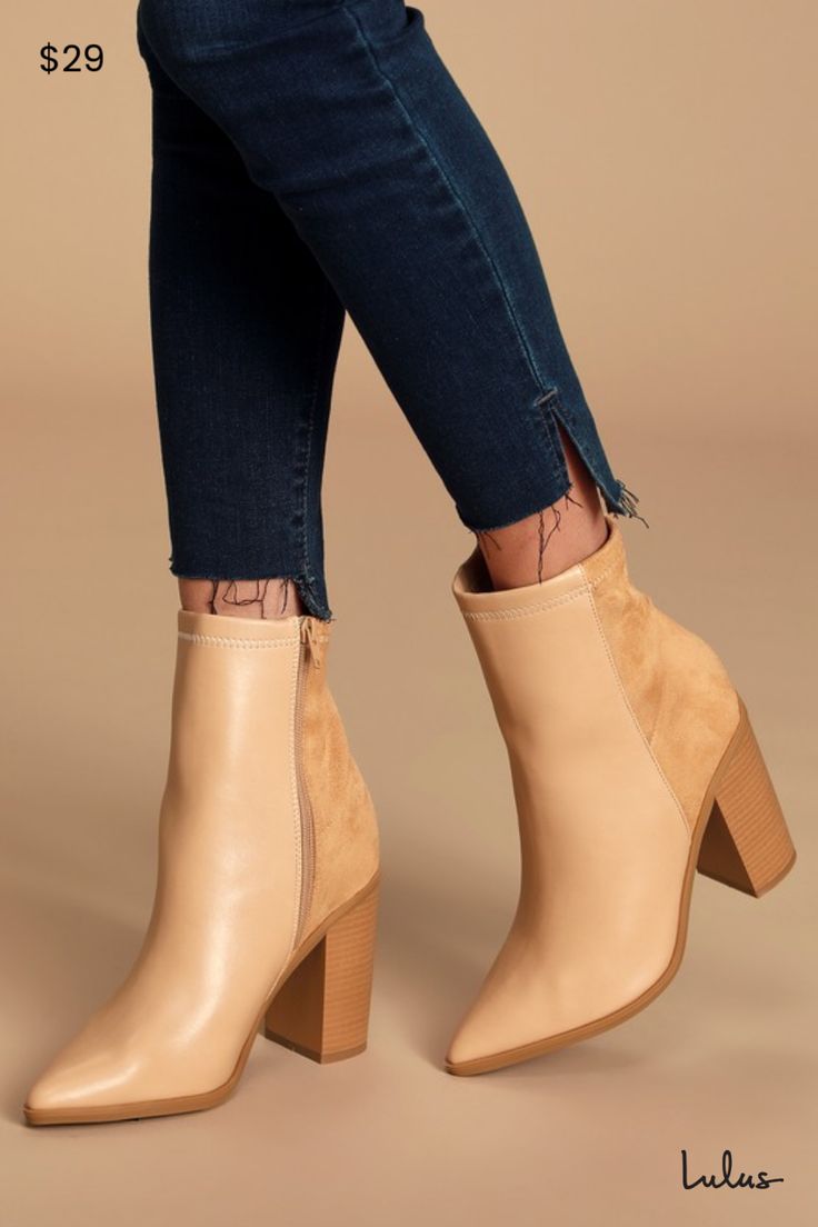 The Essex Light Nude Mid-Calf Booties are so cute, you'll want to pair them with every outfit! Soft, vegan leather shapes a pointed toe upper, and rises into a fitted, 8"" shaft with a 9.5"" circumference and a zipper at instep, and contrasting vegan suede heel. Pair these essential boots with a mini skirt for a chic look! 3. 75" stacked wood-look block heel. Lightly cushioned insole. Felted rubber sole has nonskid markings. All vegan friendly, man made materials. Imported. Lulus | Essex Light N Nude Boots, Beige Boots, Vegan Boots, Mid Calf Boots, Heeled Ankle Boots, Suede Heels, Leather Ankle Boots, Vegan Friendly, Cute Shoes