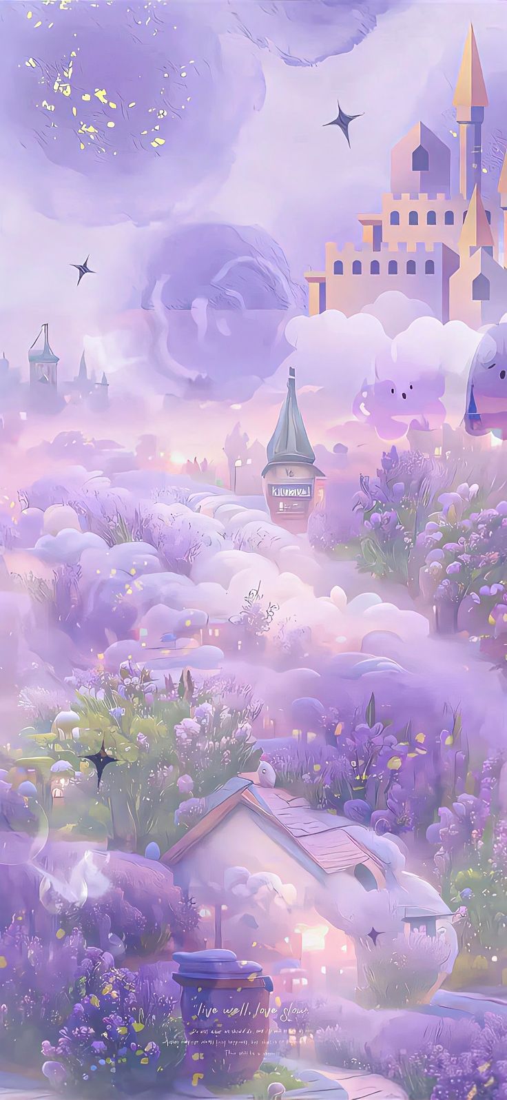 an image of a fantasy landscape with purple flowers and houses in the distance, surrounded by clouds