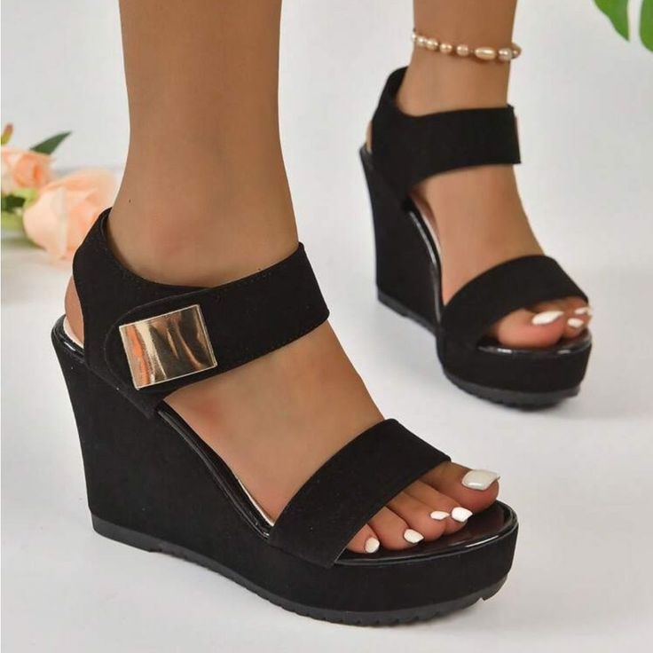 High Heel Sandals, Black Cute Wedges Shoes, Beige Wedge Sandals, Closed Toe Wedges, Beige Wedges, Heeled Espadrilles, Cute Wedges, Shoes Outfit Fashion, Wedges Shoes, Cork Wedges Sandals