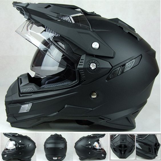 the helmet is black and has clear visor on it's side, with different views