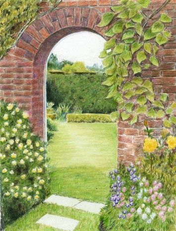 a painting of an archway leading into a garden