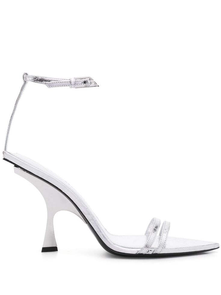 silver-tone calf leather patent finish metallic finish pointed open toe double-strap design buckle-fastening ankle strap branded leather footbed 95mm high sculpted heel leather outsole Tone Calves, Latest Sandal, T Strap Flats, Crystal Sandals, The Attico, Ankle Strap Wedges, Silver Sandals, Buckle Shoes, Buckle Sandals