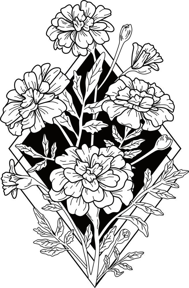 a black and white drawing of flowers on a diamond shaped object with leaves in the middle