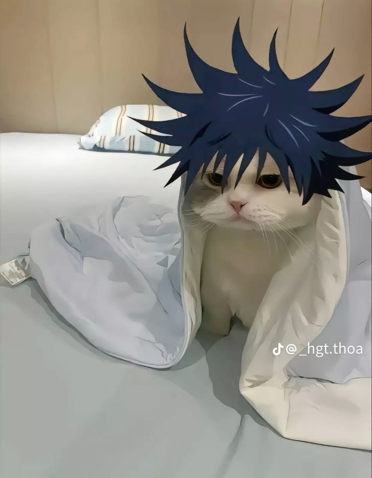 a white cat with blue hair sitting on top of a bed covered in sheets and blankets