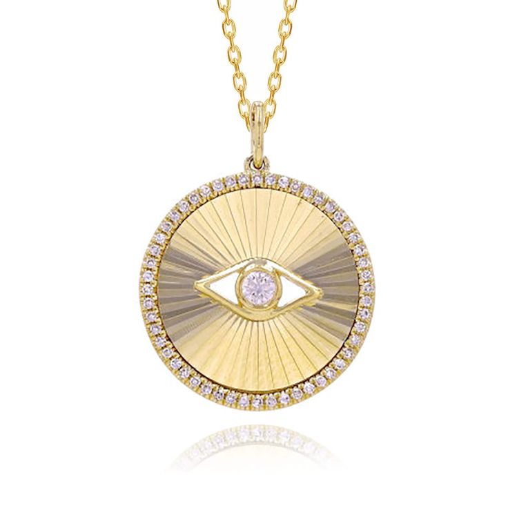 "Introducing the 14K Solid Gold Diamond Evil Eye Medallion Pendant, a captivating and symbolic piece that blends luxurious craftsmanship with protective symbolism. Crafted from high-quality 14-karat solid gold, this pendant features a timeless evil eye design adorned with dazzling diamonds. The medallion pendant showcases meticulous detailing with a delicate yet intricate evil eye motif. The presence of diamonds adds a touch of sparkle and elegance to the protective symbol, creating a piece that is not only visually stunning but also carries a meaningful message of warding off negativity and providing spiritual protection. ✪ DETAILS * Genuine, conflict-free diamonds * Diamond Weight: 0.17 Carat * Number of diamonds: 53 * Weight:  3.82 Grams * Pendant Size: 17mm * Bail Height: 5mm * The cha Luxury Tarnish-resistant Medallion Necklace, Luxury Medallion Necklace With Coin Pendant, Luxury 14k Gold Medallion Necklace, Luxury Tarnish Resistant Medallion Necklace, Luxury Round Pendant Jewelry With Diamond Eyes, Luxury White Gold Medallion Necklace, Luxury Round Engraved Medallion Necklace, Luxury Engraved Round Medallion Necklace, Luxury Necklace With Large Round Pendant