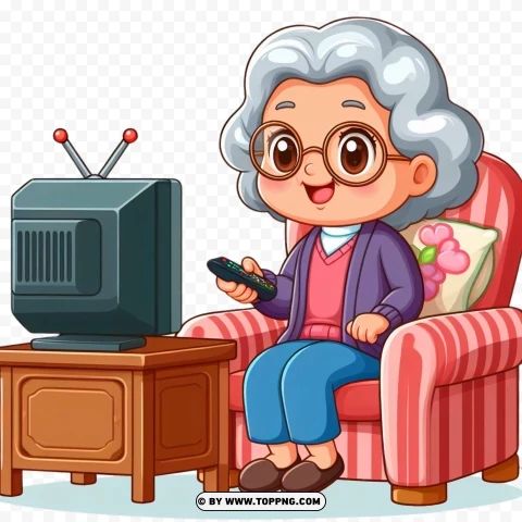 an old woman sitting in a chair with a remote control next to a television set