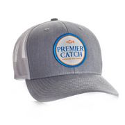 a gray and white hat with the words premer catch in blue lettering on it