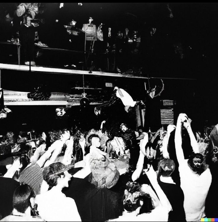 black and white photograph of people dancing at a party with their hands in the air