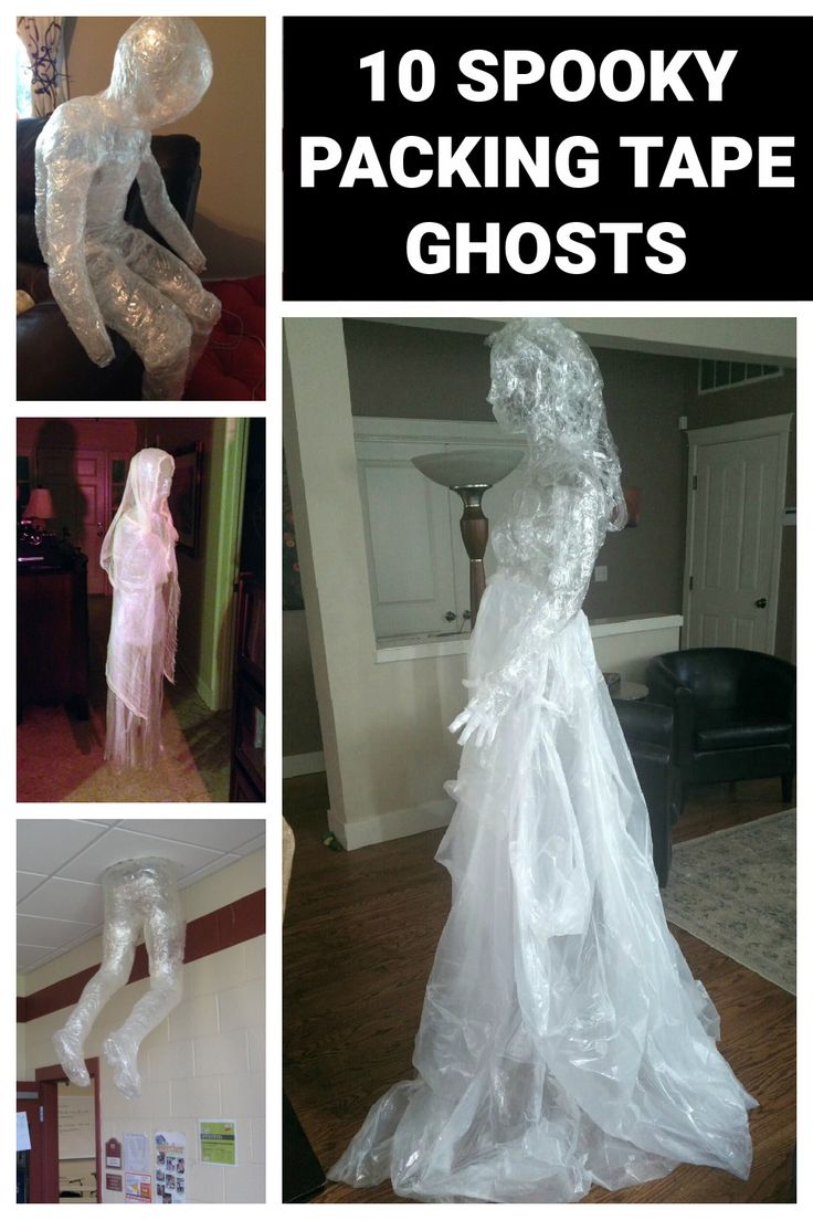 there are pictures of plastic bags in the shape of ghostes, and one is wearing a white dress