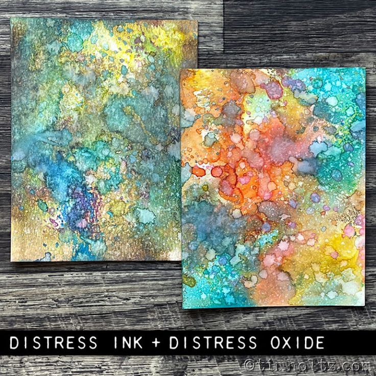 two paintings with different colors and shapes on wooden background, one is painted in acrylic