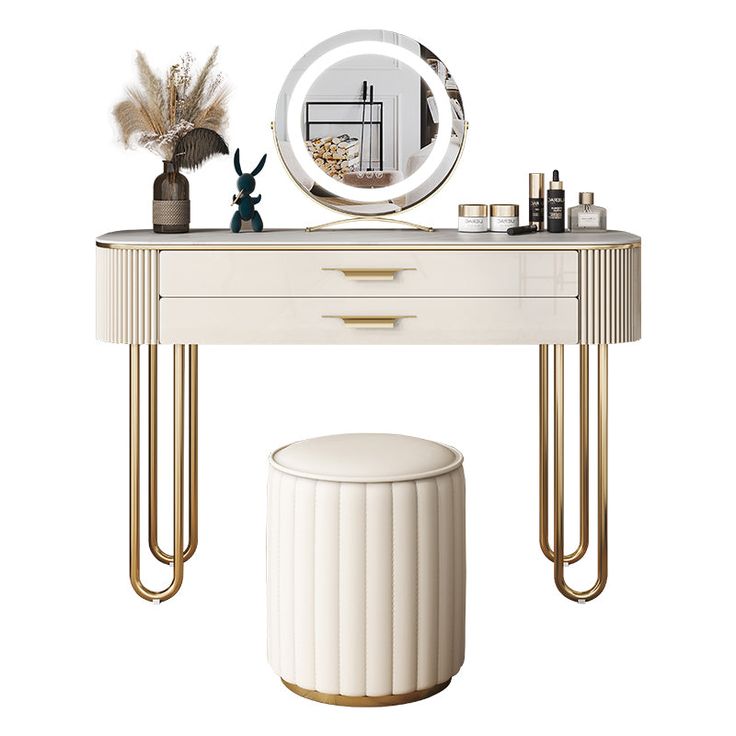 a dressing table with a mirror, stool and candle holder on the top shelf next to it