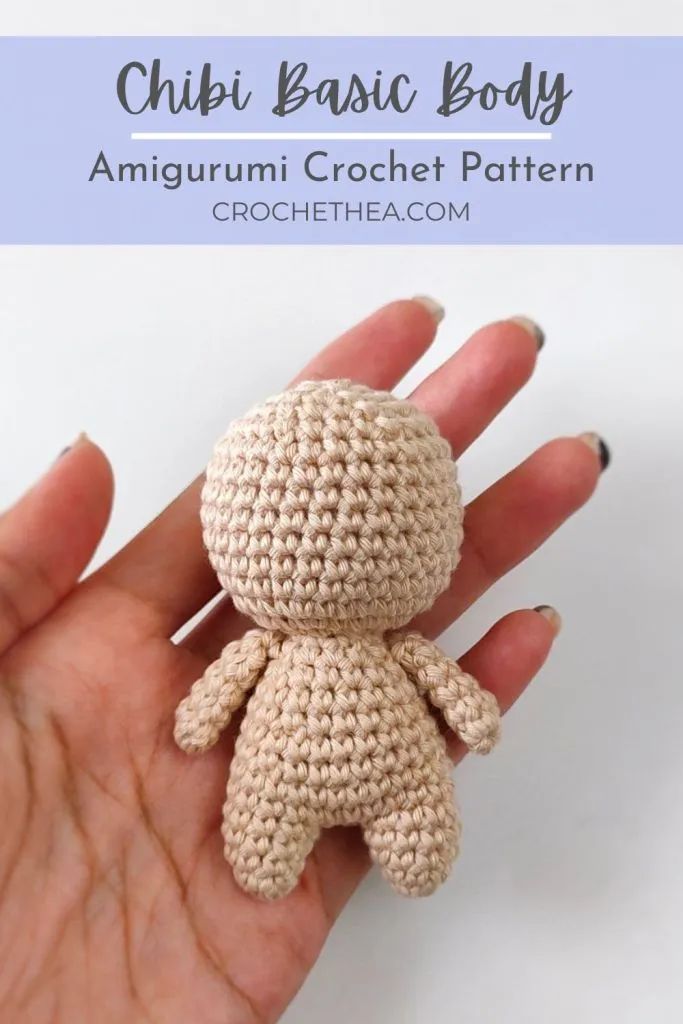 a small crocheted teddy bear sitting on top of someone's hand with text overlay that reads, chibi basic body amigurmi crochet pattern