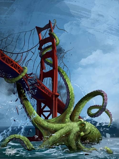 an octopus in the water near a red bridge with a ladder on it's side