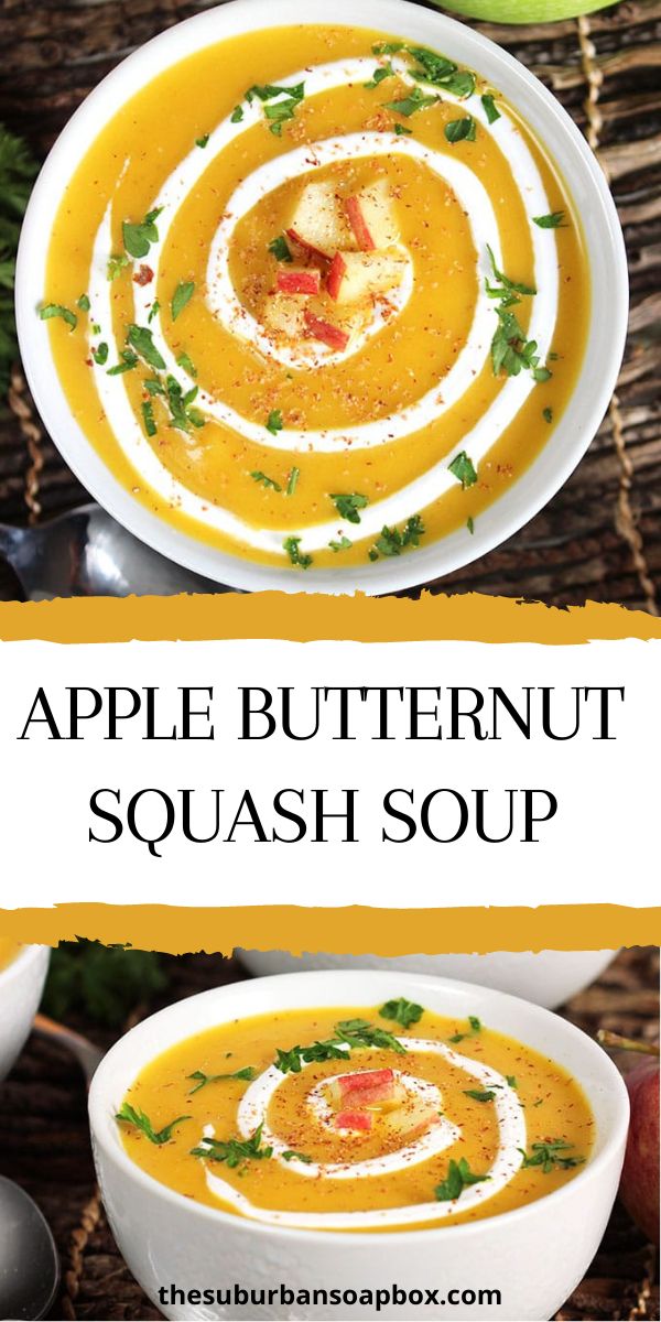 two bowls of apple butternut squash soup with text overlay that reads, applesauce